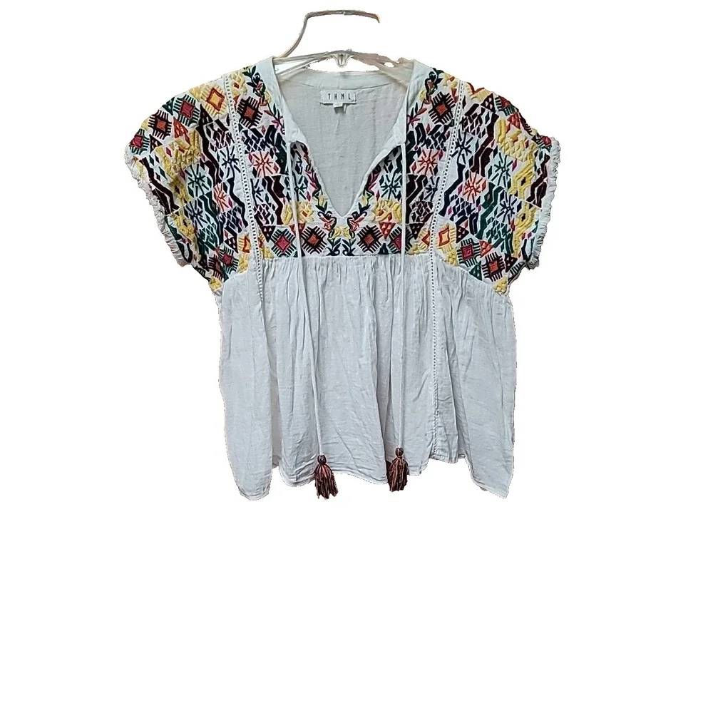 THML Women's Crop Top Cap Sleeve Embroidered XS Peasant Boho Festival Hippie Y2K - Picture 3 of 8